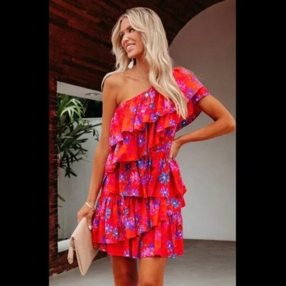 Endless Rose Vallis One Shoulder Floral Tiered Mini Dress Size Large